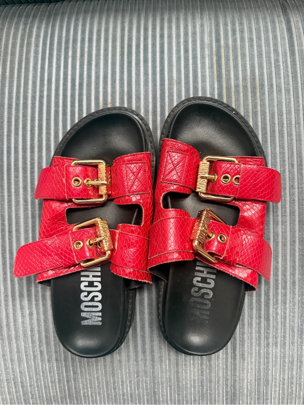 Moschino Red Slide Sandals with Gold Buckles SZ 7.5